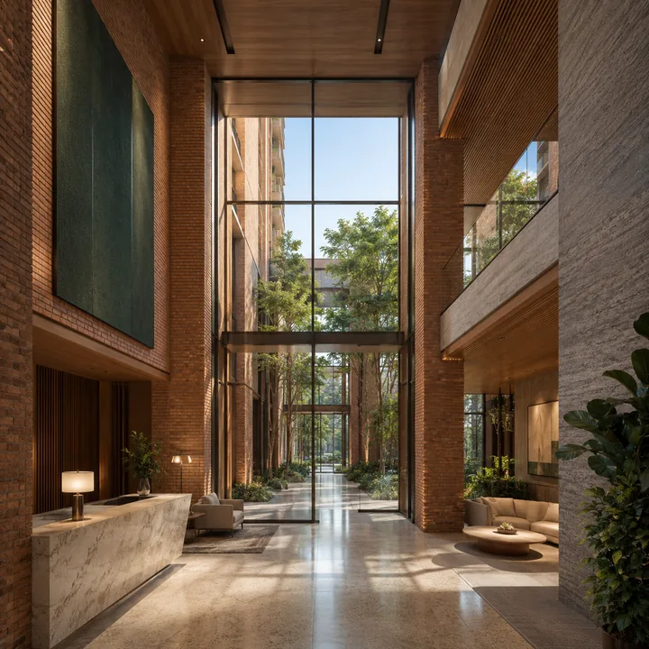 Total Environment Butterfly of Dreams double-height tower lobby under a 4.80 m ground floor, framed in brick, stone and timber with a courtyard beyond Total Environment Butterfly of Dreams double-height tower lobby under a 4.80 m ground floor, framed in brick, stone and timber with a courtyard beyond
